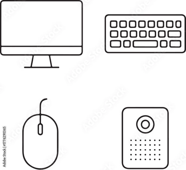 Obraz Digital Devices Monitor, Keyboard, Mouse, and Speaker Black and White Vector Illustration.eps
