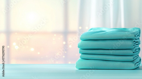 Fototapeta Stack of teal fabric sheets on table with soft morning light and bokeh effect
