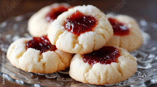 Fototapeta A delightful stack of thumbprint cookies with a red jam center, perfect for holiday baking and enjoying a sweet treat.