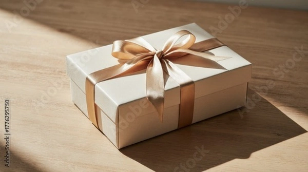 Obraz A stylishly wrapped gift on a wooden surface, perfect for birthday celebrations and special occasions.