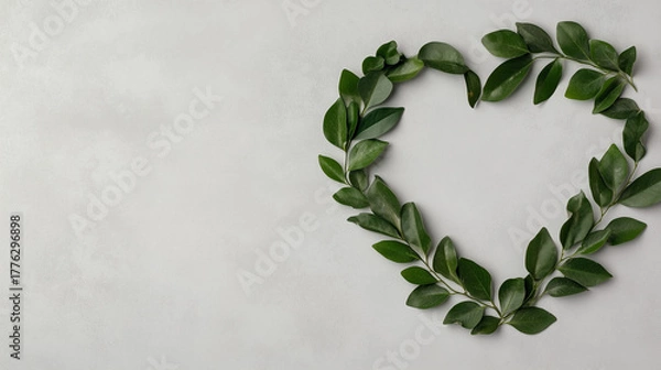 Fototapeta Green leaf heart design on neutral background with empty space for nature-themed decor or invitations