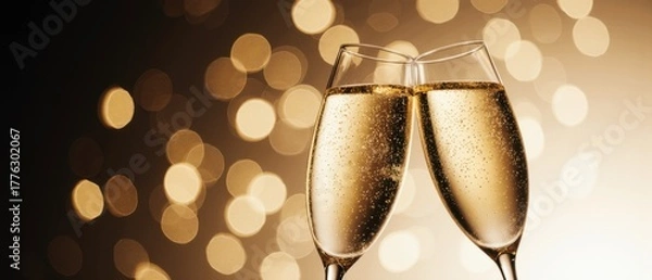 Obraz Two elegant champagne flutes toasting in a festive ambiance, symbolizing joy, success, and celebration.
