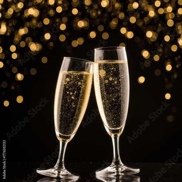 Obraz Two elegant champagne flutes toasting in a festive ambiance, symbolizing joy, success, and celebration.