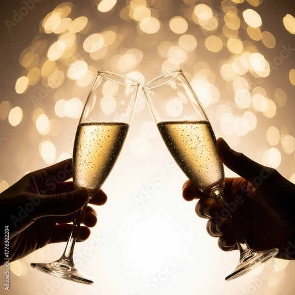 Obraz Two elegant champagne flutes toasting in a festive ambiance, symbolizing joy, success, and celebration.