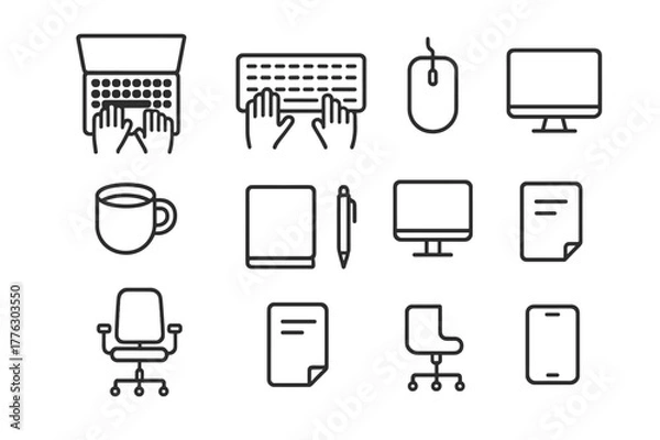 Fototapeta Office Icon Set. Hands on laptop keyboard. Line outline icon set of hands on laptop keyboard in the office: