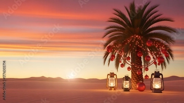 Fototapeta Festive Christmas palm tree in desert at sunset, decorated with lights, red ornaments, and cozy lanterns. Unique holiday aesthetics, warm background, happy new year, winter vibes.