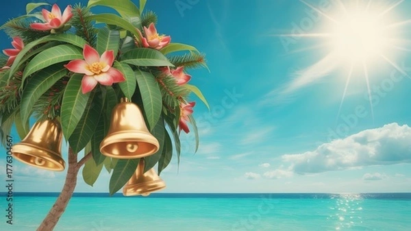 Fototapeta Tropical Christmas bells and festive flowers on a palm tree by the ocean, sunny blue sky, turquoise water, serene holiday aesthetics, perfect background, winter sun vacation vibe