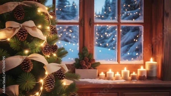 Fototapeta Cozy Christmas tree, festive lights, pinecones, natural bows, warm candles, snowy window view, winter holiday aesthetics, cheerful background, peaceful mood, happy new year, wallpaper, festive deco