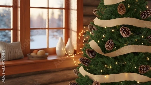 Fototapeta Cozy Christmas tree with twinkling lights, pine cones, rustic ribbon, and a warm winter window view, perfect holiday background, festive home decor, serene winter aesthetics.