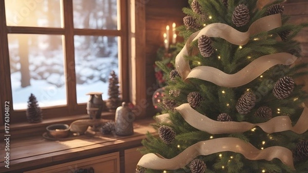 Fototapeta Cozy Christmas tree, rustic pinecones, warm lights, holiday aesthetics, snowy winter window background, festive home decor, peaceful season, celebratory backdrop, charming winter scene, happy new y