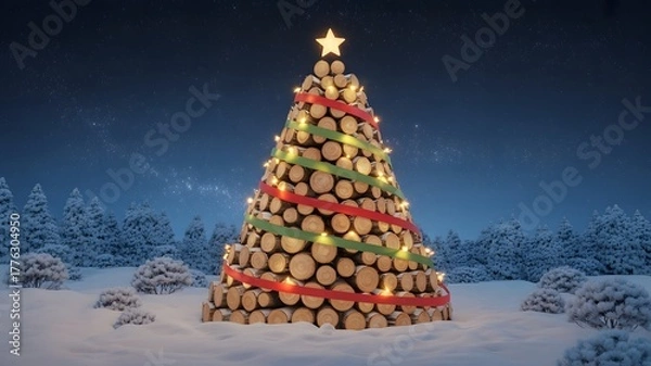 Fototapeta Cozy log Christmas tree with warm lights, red & green ribbons, glowing star, set in a snowy winter night landscape under a starry sky. Perfect festive background, holiday aesthetics, happy new year