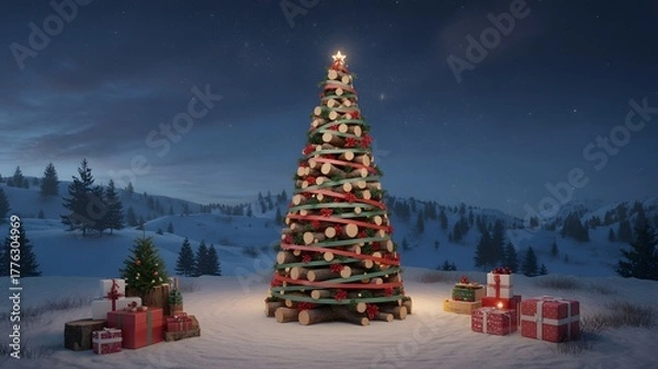 Fototapeta Rustic Christmas tree in snowy winter landscape, starry night sky, cozy holiday scene, decorated with red and green ribbons, festive gifts, magical atmosphere, ideal background, seasonal.