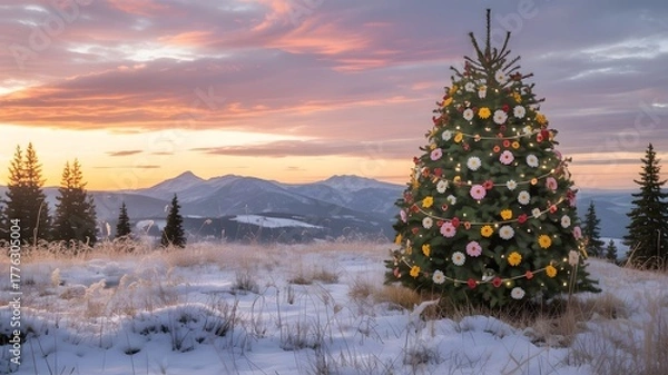 Fototapeta Aesthetic Christmas tree, colorful flowers, lights, snowy winter mountain landscape, vibrant sunset, golden hour, cozy holiday background, peaceful scene, festive decor, tranquil backdrop