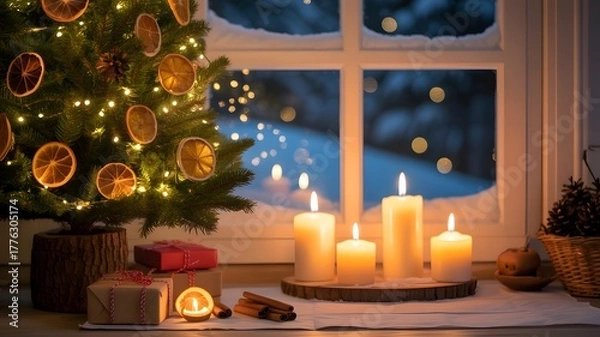 Fototapeta Cozy Christmas scene, festive tree, glowing candles, rustic gifts, snowy window, winter aesthetic, warm holiday mood, peaceful ambiance, beautiful background, tranquil evening, celebration.