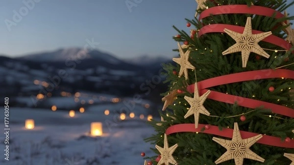 Fototapeta Cozy Christmas tree with red ribbons, wooden stars, snowy mountains, ambient lights, peaceful winter landscape, holiday background, festive scene, aesthetic Xmas eve, happy new year