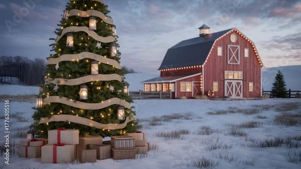 Fototapeta Festive Christmas tree with glowing lanterns, burlap ribbon, presents in fresh snow, cozy red barn with charming holiday lights, winter wonderland backdrop, happy new year, rustic aesthetics.