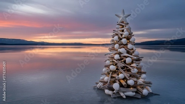 Fototapeta Unique driftwood Christmas tree, decorated with shells and warm lights, standing on a frozen lake at sunset. A beautiful, serene winter holiday scene with pink and orange sky reflections, perfect f