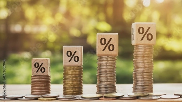 Obraz Rising stacks of coins with percentage signs symbolizing financial growth and interest rates