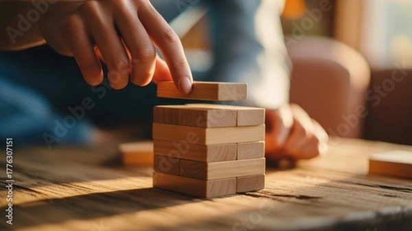 Fototapeta Close up of hands carefully stacking wooden blocks on a table