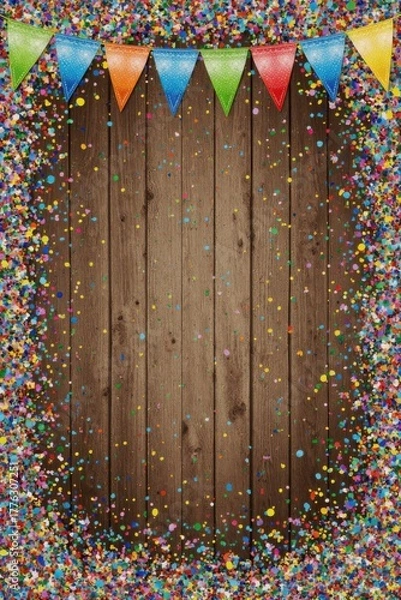 Obraz Scattered confetti and bright garlands creating a fun and lively birthday atmosphere on a wooden surface.