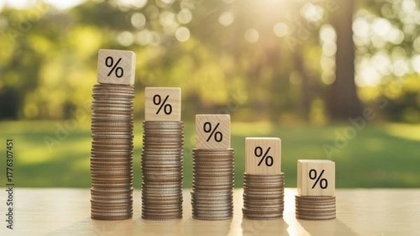 Obraz Descending stacks of coins with percentage signs in a natural outdoor setting