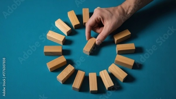Fototapeta Hand placing wooden block in circular pattern on blue surface