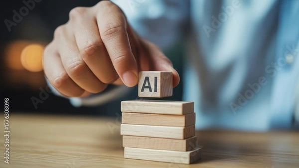 Obraz Hand placing ai block on top of wooden tower symbolizing development