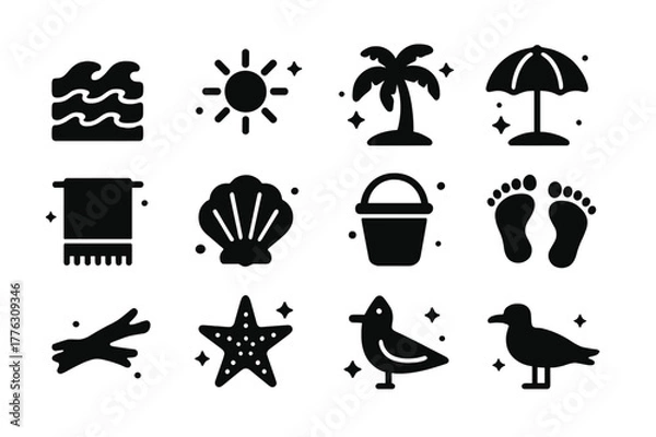 Fototapeta Beach Icon Set. Tide and Sand. Solid icons set of Tide and Sand: ocean waves, sand, sun, palm tree, beach umbrella, towel, seashell, bucket, footprints,