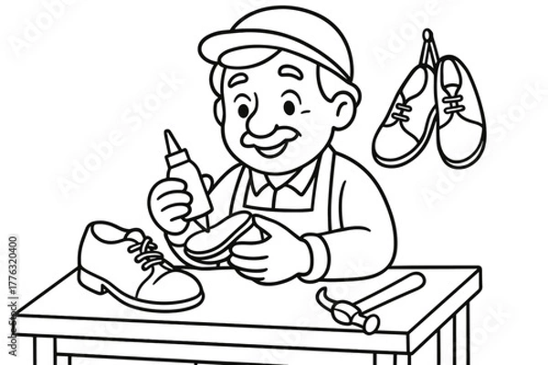 Obraz Cobbler's Coloring Page. Shoe maker children?s coloring book illustration, outlined drawing, friendly cobbler