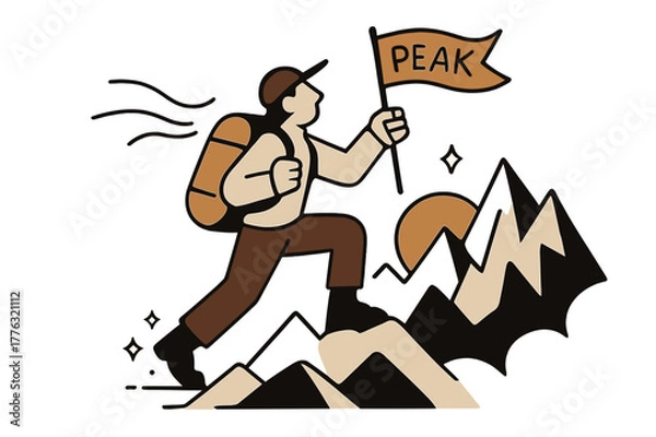 Fototapeta Summit Victory. Mountain hiker outline. A backpacker lifts a flag labeled ?Peak? as the sun slips behind jagged forms; wind lines ribbon forward. Tiny sparkles