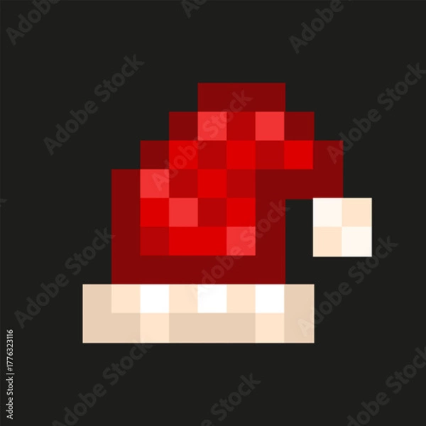 Fototapeta Pixel vector Santa Claus red hat icon isolated black background. Modern Pixel art Santa hat template design. Perfect retro element  for Christmas art poster card cover decor. EPS 10