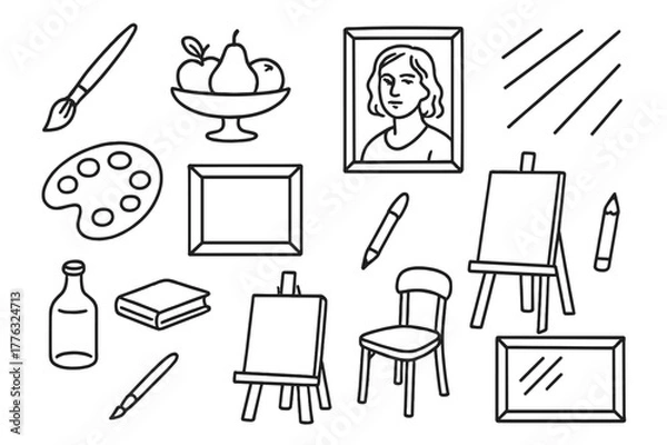 Fototapeta Art Studio Elements. Realism painting. Hand-drawn doodle illustration realism painting brush, fruit bowl, portrait, light rays, frame, palette, easel, pencil,