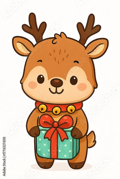 Fototapeta festive little friend — a cute reindeer with jingling bells and a gift,