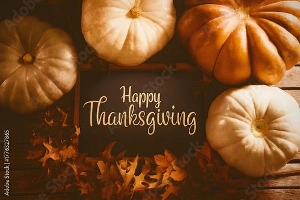 Fototapeta Artistic composite image featuring elegant Happy Thanksgiving Day text illustration, perfect for festive greeting cards and holiday ads