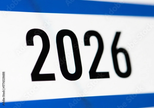 Fototapeta The year 2026 in black numbers on a white background with blue stripes