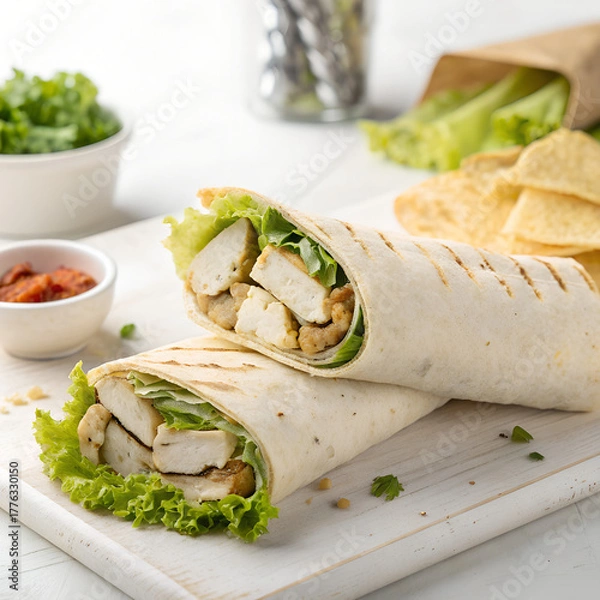 Fototapeta Delicious grilled chicken wrap brimming with fresh lettuce and savory fillings