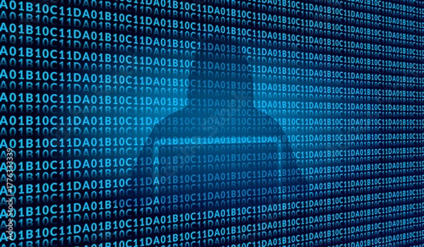Obraz Hacker using laptop on hexadecimal and binary code blue background symbolizing data breach and cyber attack