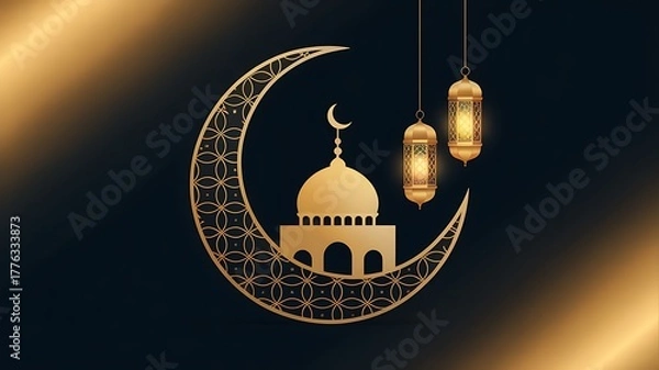 Obraz Golden Islamic Crescent Moon Mosque And Lanterns religion religious