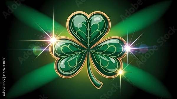 Obraz Golden Trimmed Green Shamrock with Spotlight Effects clover st patricks day