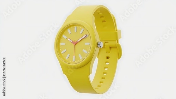 Obraz Yellow Silicone Wristwatch with Pink Hands on WhiteBackground photo