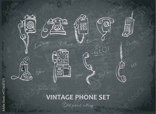 Fototapeta Vector doodle set of vintage telephones on blackboard background