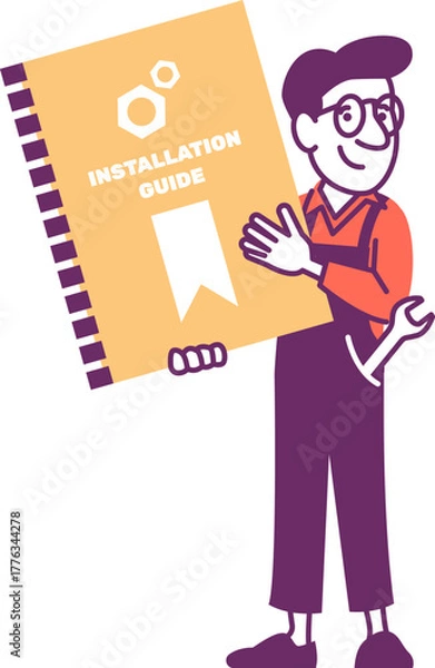 Obraz Technician character holding instruction manual. Flat vector illustration for manual, support, service, maintenance, or tutorial topics.