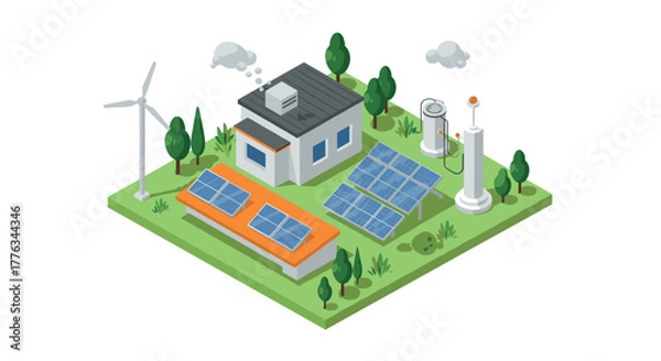 Fototapeta Ecofriendly energy house with solar panels and wind turbine in isometric style