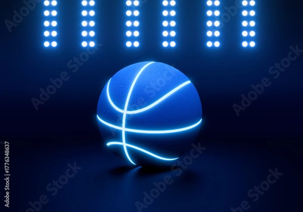 Fototapeta Blue basketball with bright blue glowing neon lines in under illuminated floodlights