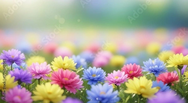 Obraz Vibrant field of colorful flowers in soft sunlight