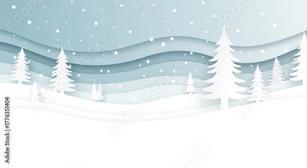 Obraz Minimalist Paper Cut Christmas Background, Soft Pastel Blue Winter Landscape with Copy Space