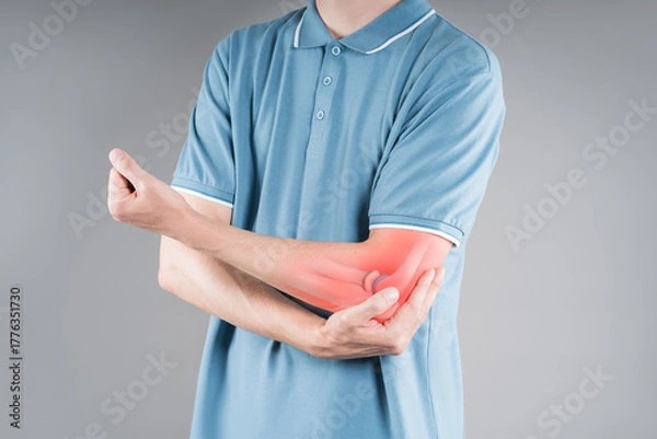 Obraz Diseases of the elbow joint, bone fracture and inflammation, man suffering from pain in cubit