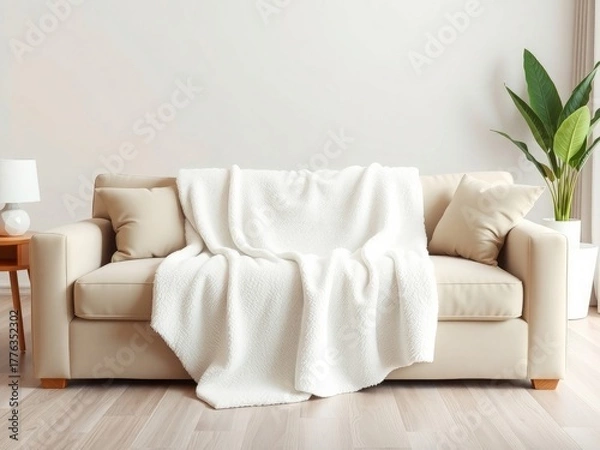 Fototapeta Elegant beige sofa with cozy white blanket for relaxing