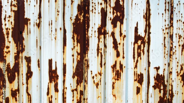 Fototapeta Close-up texture of rusty metal sheet with brown corrosion stains on a white painted surface. Grunge industrial background showing natural oxidation and aging metal patterns.