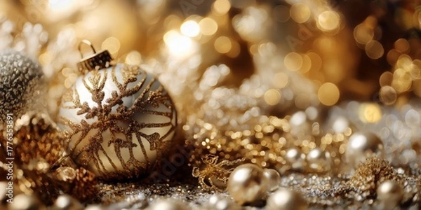 Fototapeta Elegant white bauble with gold glitter surrounded by festive decor.